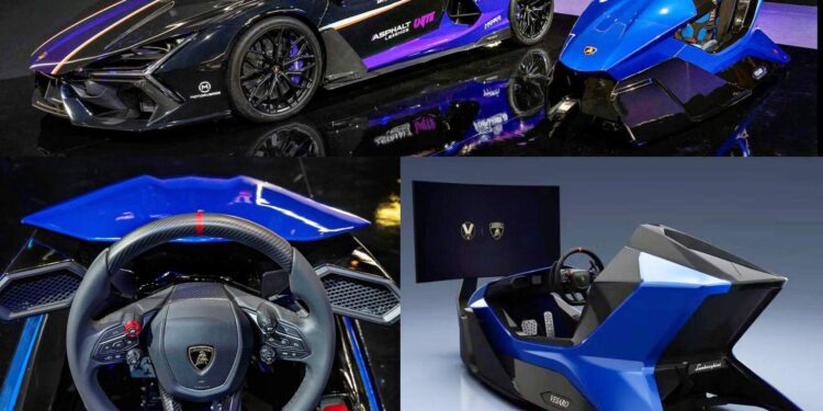 Collage showing a Lamborghini sports car, a blue racing simulator cockpit, a steering wheel close-up, and the simulator setup with a screen as Lamborghini invades DreamHack with an edgy racing rig.