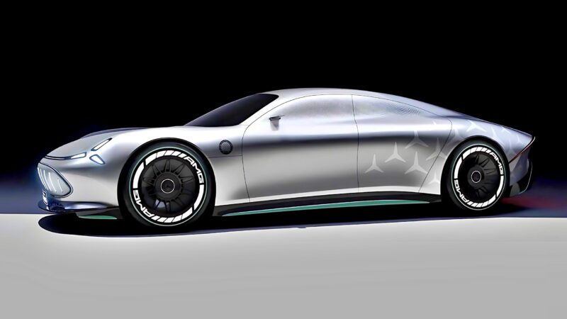 A sleek, futuristic Mercedes-AMG electric super sedan with black-tinted windows and bold, patterned tires, set against a black and white gradient background, hints at the electric future of automotive design.