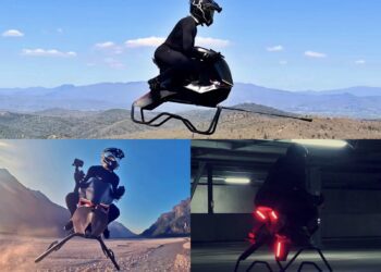 A person wearing a helmet and black suit rides a hovering bike-like vehicle—No Wings No Rotors: So How Does The Volonaut Airbike Fly?—outdoors in daylight and inside an indoor parking garage.