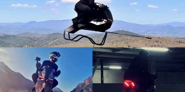 A person wearing a helmet and black suit rides a hovering bike-like vehicle—No Wings No Rotors: So How Does The Volonaut Airbike Fly?—outdoors in daylight and inside an indoor parking garage.