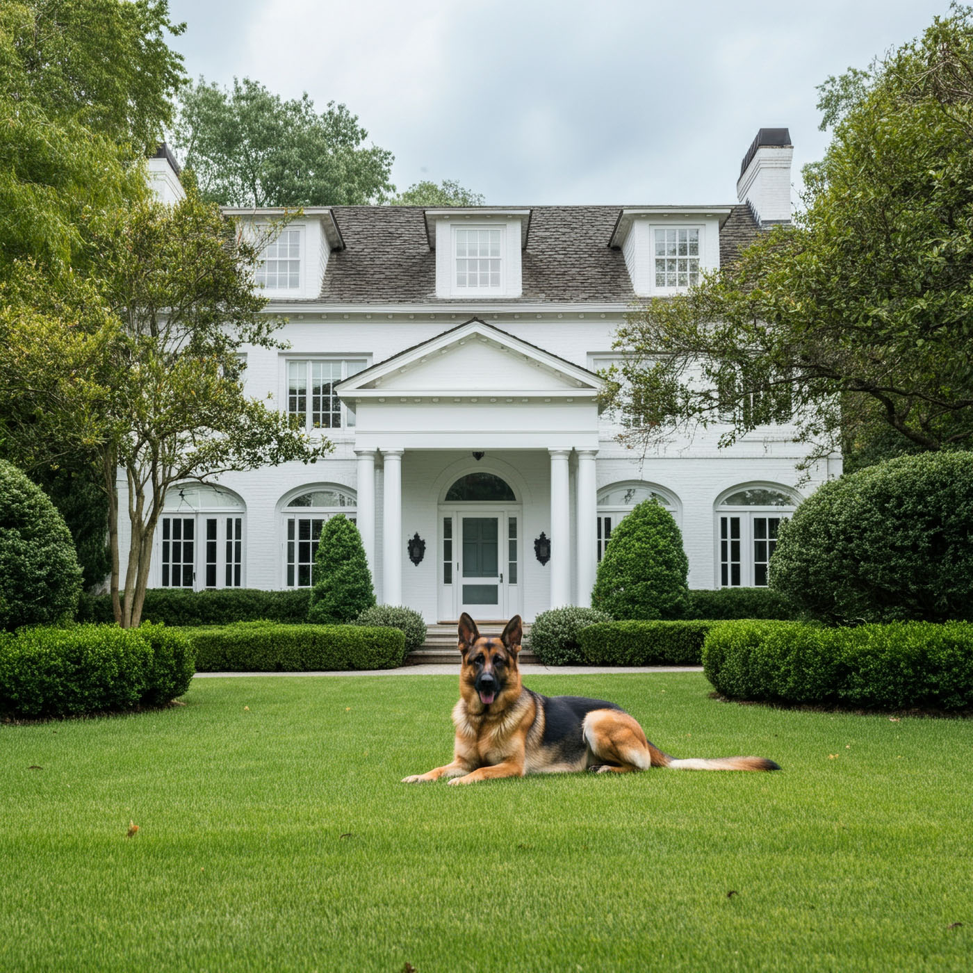A perfectly trained German Shepherd is lying on a well-manicured lawn in front of a large white house with columns and trimmed bushes, exemplifying California Elite security.