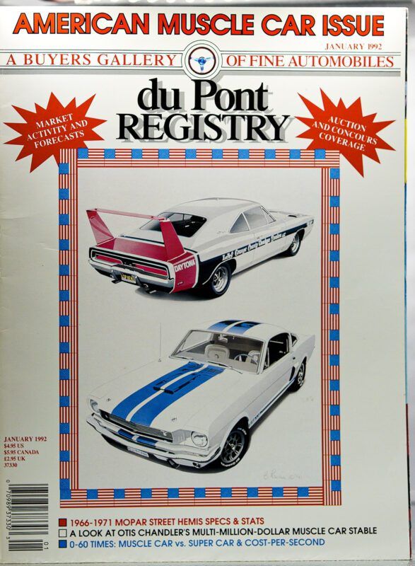 Cover of duPont REGISTRY magazine's January 1992 issue celebrates the 40th Anniversary with two classic Cover Cars and headlines on Mopar specs, auctions, and trends in the collectible car market.