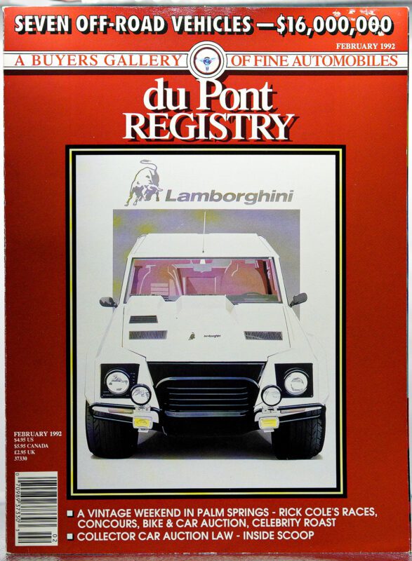 Cover of duPont REGISTRY magazine, February 1992, showcasing a white Lamborghini for its 40th Anniversary on the front cover against a bold red background, with various headlines highlighting Cover Cars, car auctions, and events.