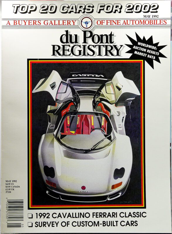 1992 duPont REGISTRY Cover Cars: Overhead illustration of a white sports car with its doors open, plus headlines on top cars and Ferrari classic surveys celebrating the 40th Anniversary.