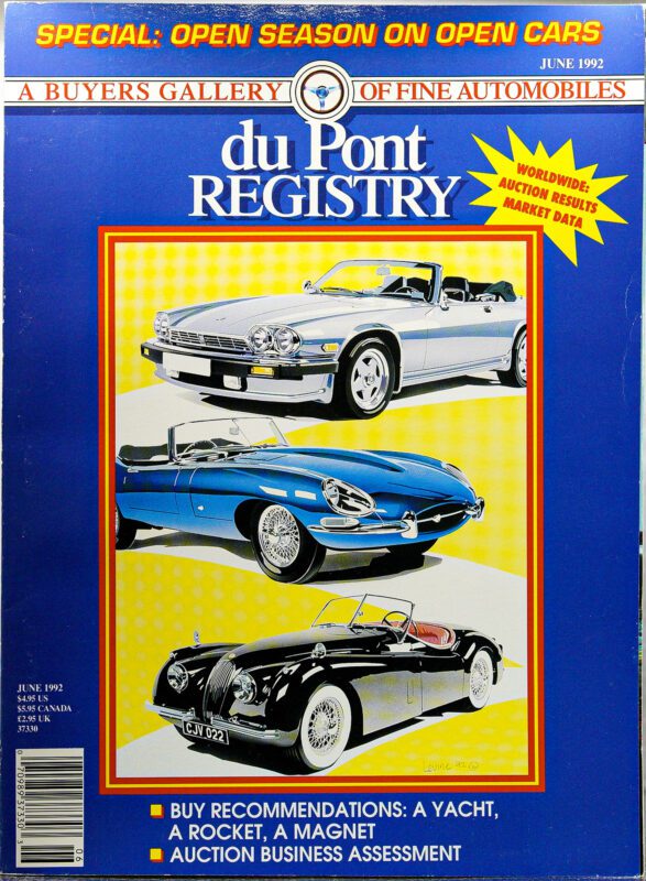Cover of the June 1992 duPont REGISTRY magazine featuring three classic convertible Cover Cars on a yellow background, with headlines about auctions and car market data for the 40th Anniversary celebration.