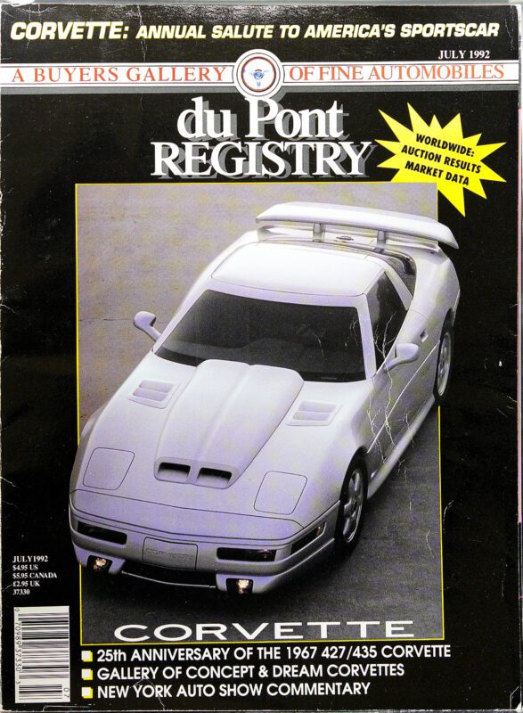 Cover of the July 1992 duPont REGISTRY magazine featuring a white Corvette, celebrating the 25th anniversary of the iconic 1967 427/435 Cover Cars—a true showcase leading up to the model’s upcoming 40th Anniversary.