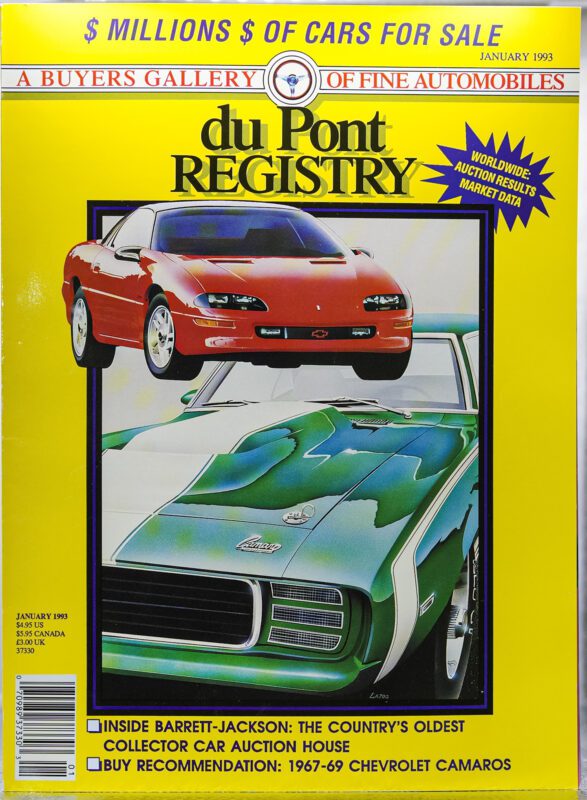 Cover of the January 1993 duPont REGISTRY magazine featuring 40th Anniversary Cover Cars: a red modern Chevrolet Camaro above a green classic Camaro, with text about auctions and Camaro recommendations.