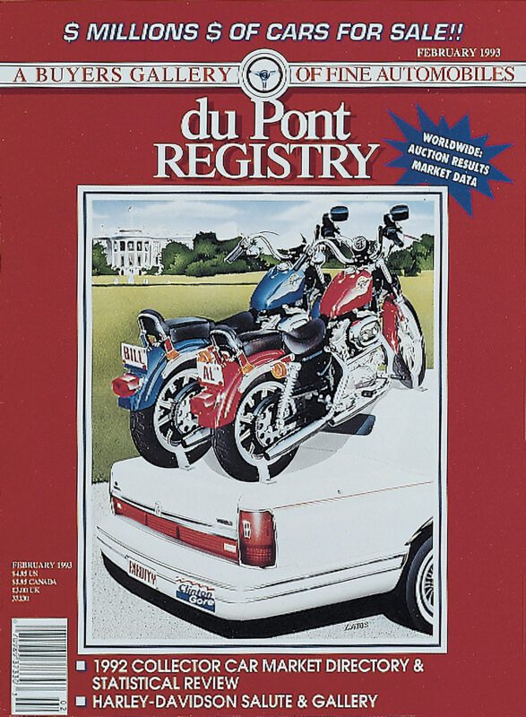 Cover of the February 1993 duPont REGISTRY magazine featuring two motorcycles on a white car trunk, with auction results, market data headlines, and a nod to iconic Cover Cars for the 40th Anniversary.