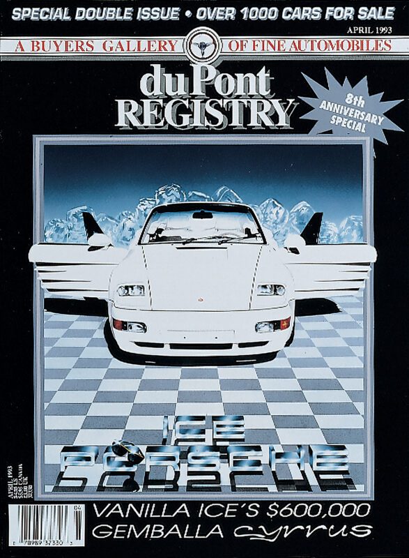 Cover Cars: April 1993 duPont REGISTRY magazine featuring a white Gemballa Porsche Cyrrus sports car with a checkered floor and mountains in the background—a classic look as duPont REGISTRY celebrates its 40th Anniversary.