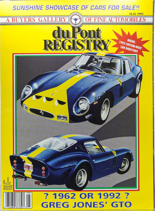 Magazine cover celebrating the 40th Anniversary, featuring a blue and yellow vintage sports car from front and rear angles, with headlines about Cover Cars and the duPont REGISTRY.