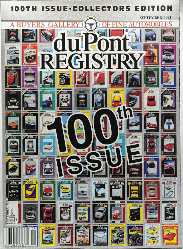 Cover of the duPont REGISTRY’s 100th issue, featuring a grid of past Cover Cars alongside bold text reading "100th ISSUE.