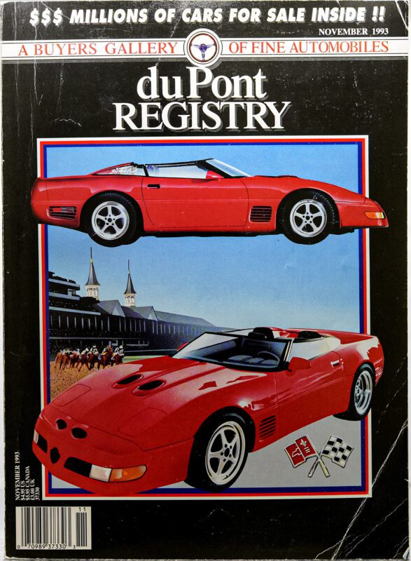 DuPont REGISTRY magazine's November 1993 cover features the iconic Cover Cars—two red sports cars with black interiors and a racing flag emblem—set against the legendary Churchill Downs, marking a milestone leading to the 40th Anniversary.