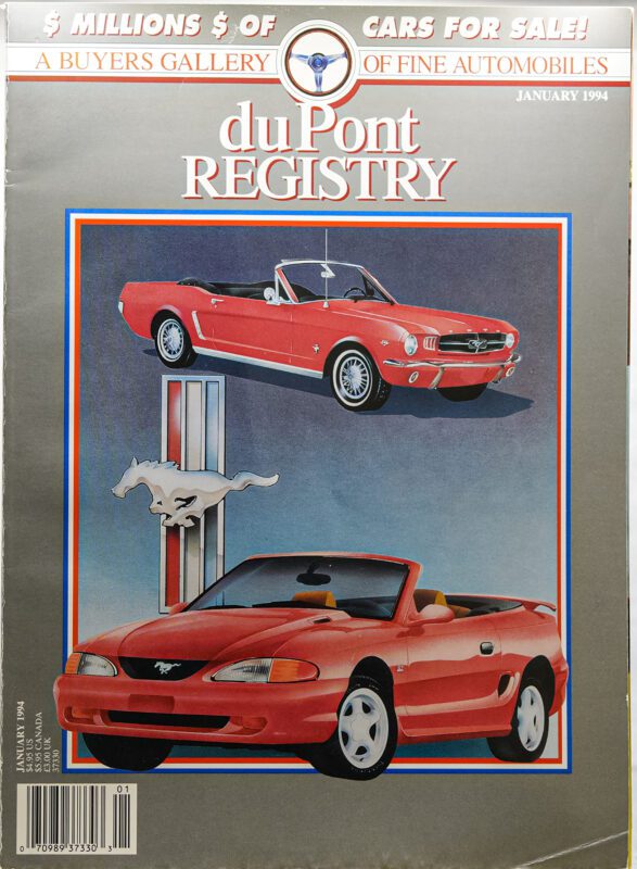 Cover of duPont REGISTRY, January 1994 issue, featuring two red Ford Mustang convertibles—one classic and one modern—as the Cover Cars, celebrating the Mustang’s legacy ahead of its 40th Anniversary with logos and a colored border.