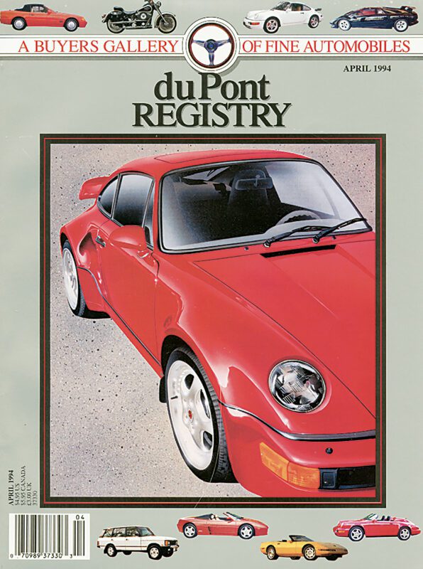 A red Porsche sports car, one of the iconic Cover Cars, is featured on the cover of the April 1994 issue of duPont REGISTRY magazine, with smaller car images displayed along the bottom.