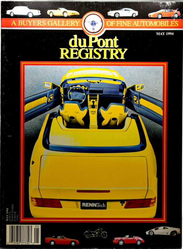 Cover of the May 1994 duPont REGISTRY magazine featuring a top-down view of a yellow convertible sports car with its doors open, celebrating iconic Cover Cars in honor of the 40th Anniversary.