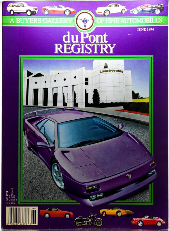 Cover of the June 1994 duPont REGISTRY magazine featuring a purple Lamborghini Diablo, one of the iconic Cover Cars, parked in front of a Lamborghini dealership building.
