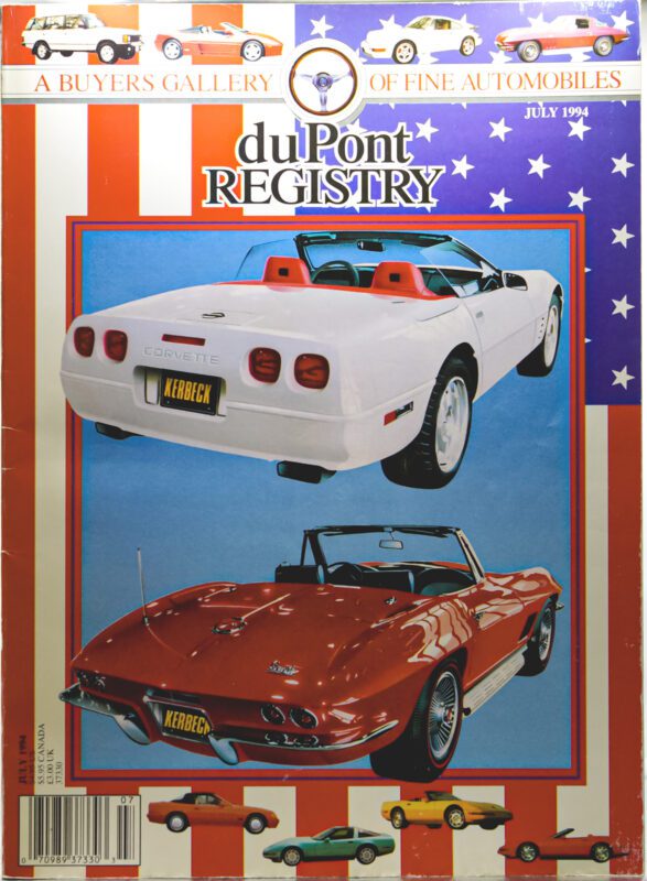 The duPont REGISTRY July 1994 Cover Cars—a white and a red Corvette convertible—are set against an American flag backdrop, highlighting the Corvette's 40th Anniversary, with images of various cars featured at the top and bottom.