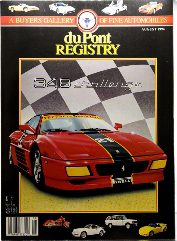 Cover of the August 1994 duPont REGISTRY magazine featuring a red Ferrari 348 Challenge race car on a checkered flag background, celebrating iconic Cover Cars for the 40th Anniversary.