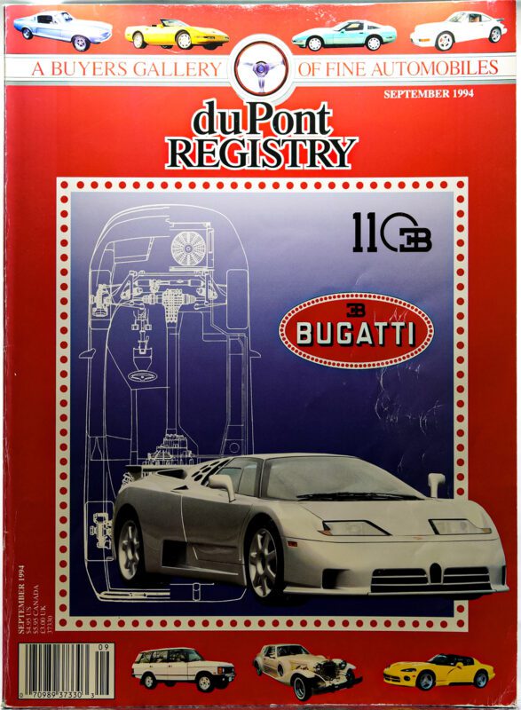 Cover Cars: September 1994 duPont REGISTRY 40th Anniversary issue, showcasing a silver Bugatti EB110, a technical drawing, and various car illustrations.