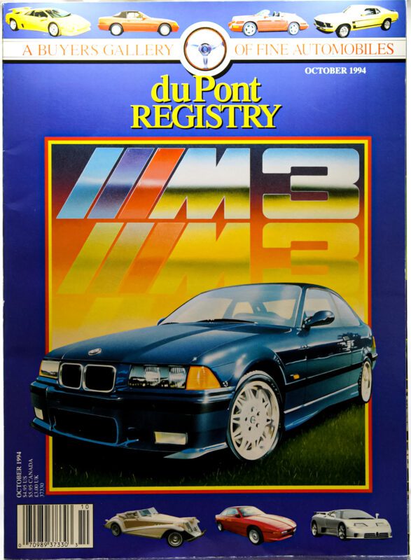 Cover of duPont REGISTRY magazine, October 1994, featuring a blue BMW M3 with colorful "M3" graphics and smaller images of three classic Cover Cars at the bottom.