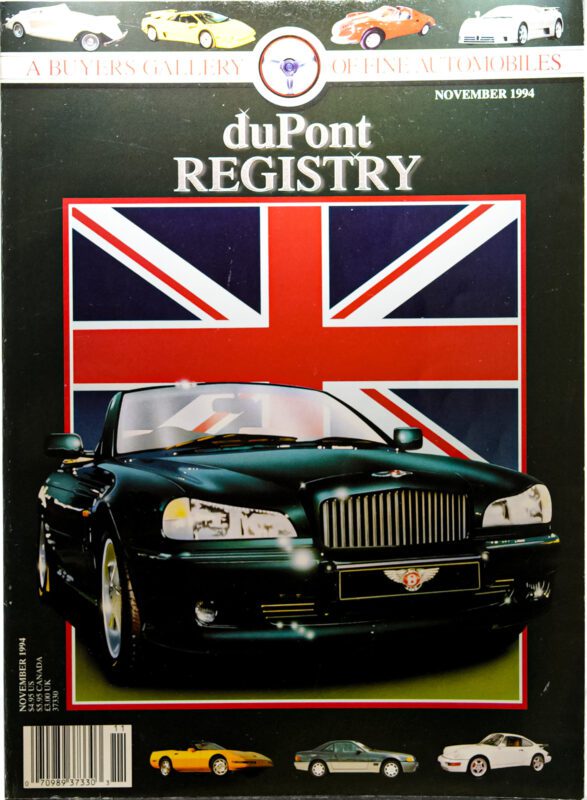 Cover of the November 1994 duPont REGISTRY magazine celebrates the 40th Anniversary, showcasing a green luxury car before a Union Jack flag, with three Cover Cars displayed below.