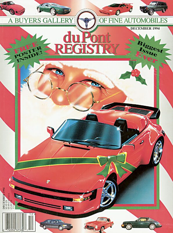December 1994 duPont REGISTRY magazine cover featuring a red sports car with a green bow, an illustration of Santa Claus in the background, and celebrating the legacy of iconic Cover Cars.