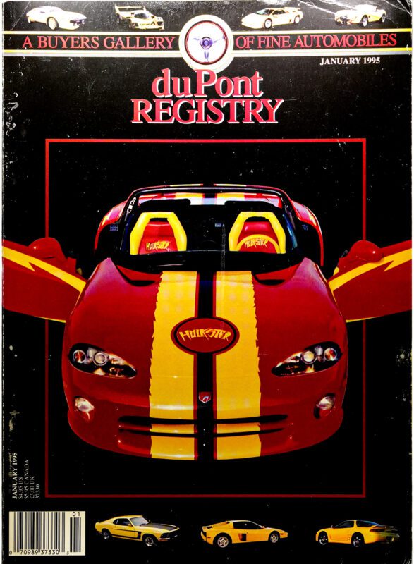January 1995 duPont REGISTRY cover features a striking red Dodge Viper with yellow stripes, highlighted among the iconic Cover Cars, with smaller images of yellow and white Vipers showcased at the bottom.