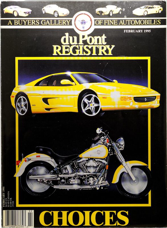 February 1995 duPont REGISTRY Cover Cars: a yellow sports car and a silver motorcycle set against a black background—celebrating the 40th Anniversary.