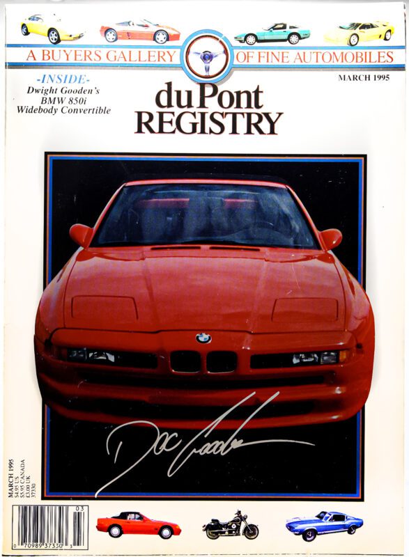 Cover Cars: March 1995 duPont REGISTRY magazine featuring a red BMW 850i convertible with Dwight Gooden's autograph. Various cars and motorcycles border the cover, celebrating the legacy leading to duPont REGISTRY’s 40th Anniversary.
