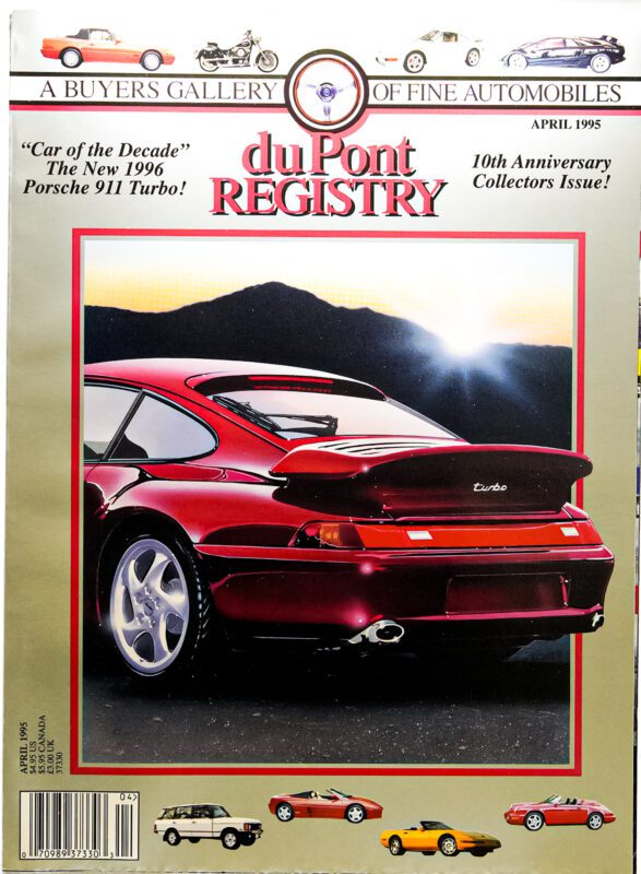 Cover of the April 1995 duPont REGISTRY magazine featuring a red 1996 Porsche 911 Turbo against a mountainous sunset background, highlighting Cover Cars and classic car illustrations at the bottom.