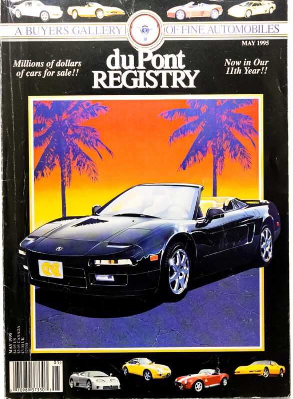 A black convertible sports car graces the May 1995 duPont REGISTRY cover, parked before palm trees with a gradient sunset sky—a classic among Cover Cars, reflecting decades of automotive excellence.