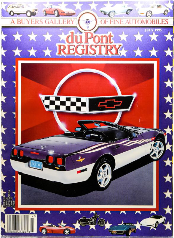 Cover Cars: July 1995 duPont REGISTRY magazine featuring a white and purple Chevrolet Corvette convertible, celebrating the 40th Anniversary, with Corvette and Chevy logos in the background and a patriotic star border.