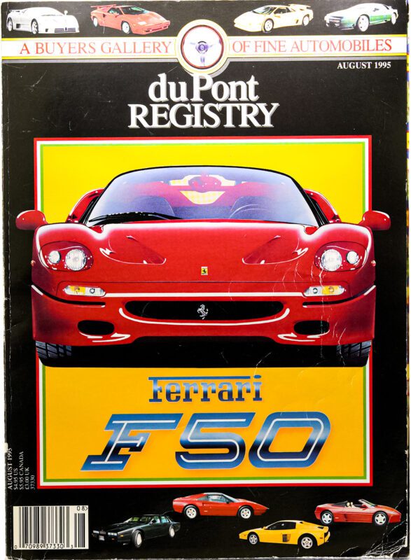 Cover of duPont REGISTRY magazine, August 1995, highlighting a red Ferrari F50 as one of the iconic Cover Cars, with "Ferrari F50" text and images of other luxury cars along the top and bottom borders.