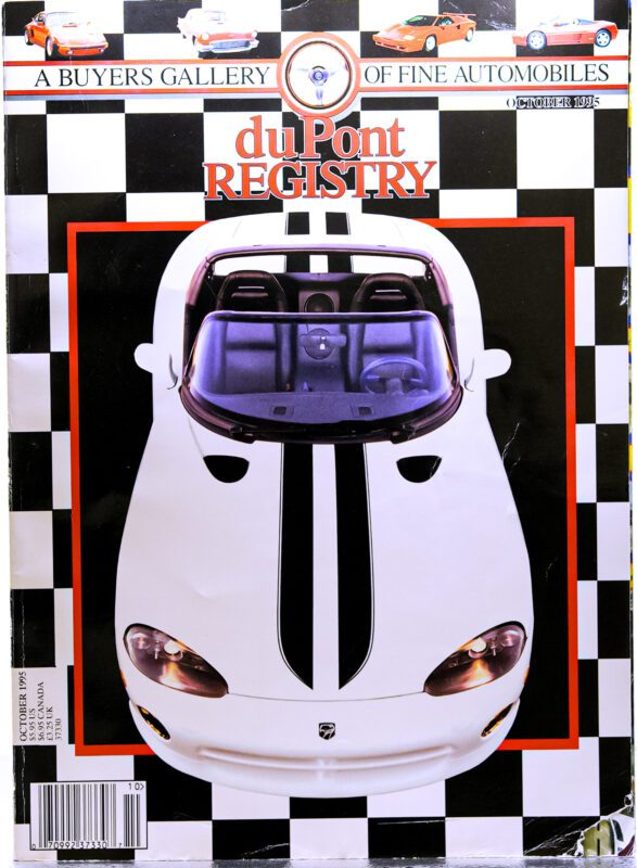 Cover of duPont REGISTRY magazine featuring an overhead view of a white Dodge Viper with black racing stripes on a black-and-white checkered background, celebrating the 40th Anniversary of iconic Cover Cars.