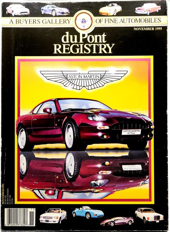 Cover of the duPont REGISTRY November 1995 issue, featuring a red Aston Martin sports car for its 40th Anniversary, with the iconic logo and Cover Cars displayed in smaller images along the top and bottom.