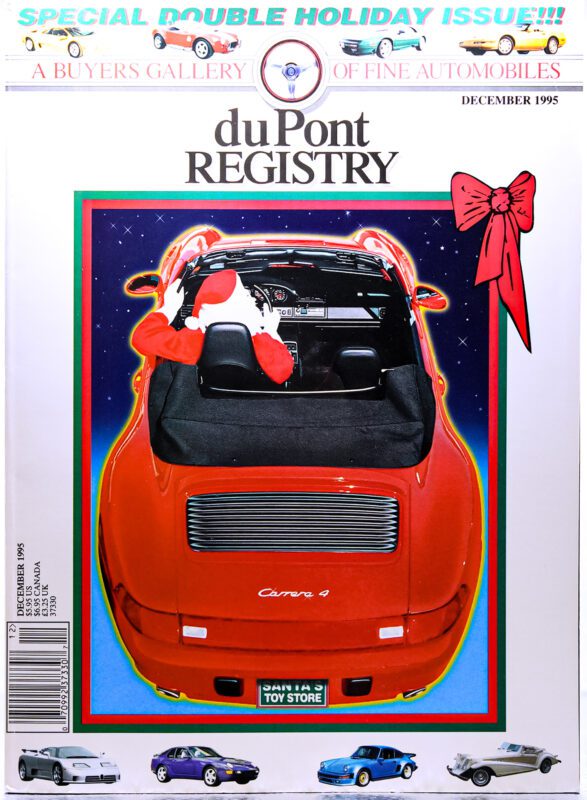 Cover of duPont REGISTRY magazine, December 1995, featuring a red convertible Porsche Carrera 4 with a Santa figure in the driver’s seat, framed by holiday-themed graphics—a standout among the magazine’s classic Cover Cars.