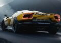 Italy’s latest V12 supercar, packing quad turbos and 2100+ HP, is shown parked on a dark, winding road with misty mountains in the background—its yellow body and illuminated taillights emphasizing pure rear-wheel-drive power.