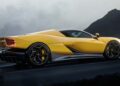 A yellow sports car with black and silver accents, inspired by Italy’s latest V12 supercar, is parked on a road, set against mountains and a cloudy sky.