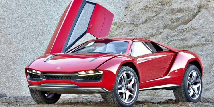 A red sports car with its driver's side scissor door open is parked on sandy ground in front of a rocky backdrop, hinting at Audi Eyes Sale Of Italdesign In Wake Of Cost-Cutting Drive.