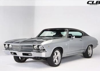 A silver 1969 Chevrolet Chevelle SS coupe with a black roof, showcased in a studio setting with a white background—a true icon among Classic Muscle Cars.