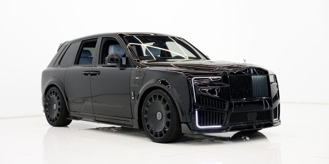 A black 2025 Cullinan luxury SUV with tinted windows and custom wheels, showcased in a minimal white studio setting. Available as a Limited Spec at your Mansory Dealer.
