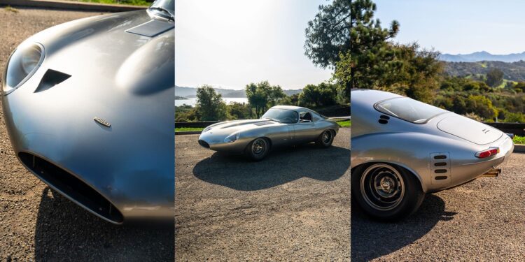 Three views of a classic Jaguar E-Type Low Drag Coupe parked outdoors: close-up of the hood, full side profile, and rear quarter angle, with trees and hills in the background—a true Petrolicious moment.