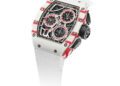 A white Richard Mille RM 72-01 Chronograph with red accents, a skeleton dial displaying three subdials, visible screws on the bezel, and a white strap, shown on a white background.