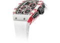 A white and red Richard Mille RM 72-01 Chronograph wristwatch with a white strap, black dial, and multiple subdials, shown at an angle on a white background.