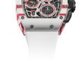 A white and red luxury chronograph watch inspired by the Richard Mille RM 72-01 Chronograph, with a skeleton dial, multiple subdials, and a white strap, photographed on a white background.