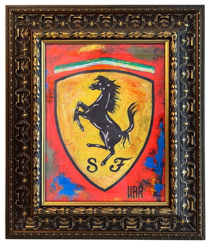 Framed painting of the Ferrari logo featuring a black prancing horse on a yellow shield with “SF” initials, set against a vibrant red, blue, and yellow background—perfect for display at the Saratoga Motorcar Auction or Fine Art Auction.