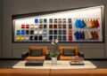 Modern Washington D.C. showroom featuring two leather armchairs, a coffee table with books and a plant, and a wall display of colorful material samples—including options inspired by Bugatti Tourbillon designs.