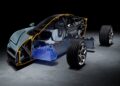 Cutaway view of a Bugatti Tourbillon showing interior components, including exposed seats, dashboard, hybrid V16 engine, battery, and chassis, with highlighted exterior outlines.