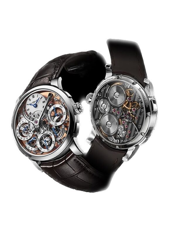 Two of the best luxury watches are displayed with brown leather straps, featuring intricate exposed gears and mechanisms on both the front and back sides.