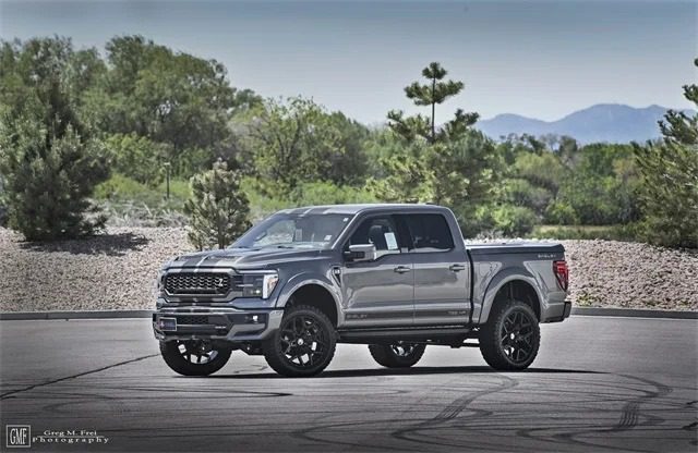 A gray Ford F-150 pickup truck with black rims is parked on a paved lot, surrounded by greenery and mountains—an impressive Ford F-150 for sale that combines style and rugged capability.